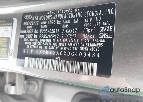 2013 Kia Sorento Lx from USA, damaged, VIN 5XYKT3A6XDG409434